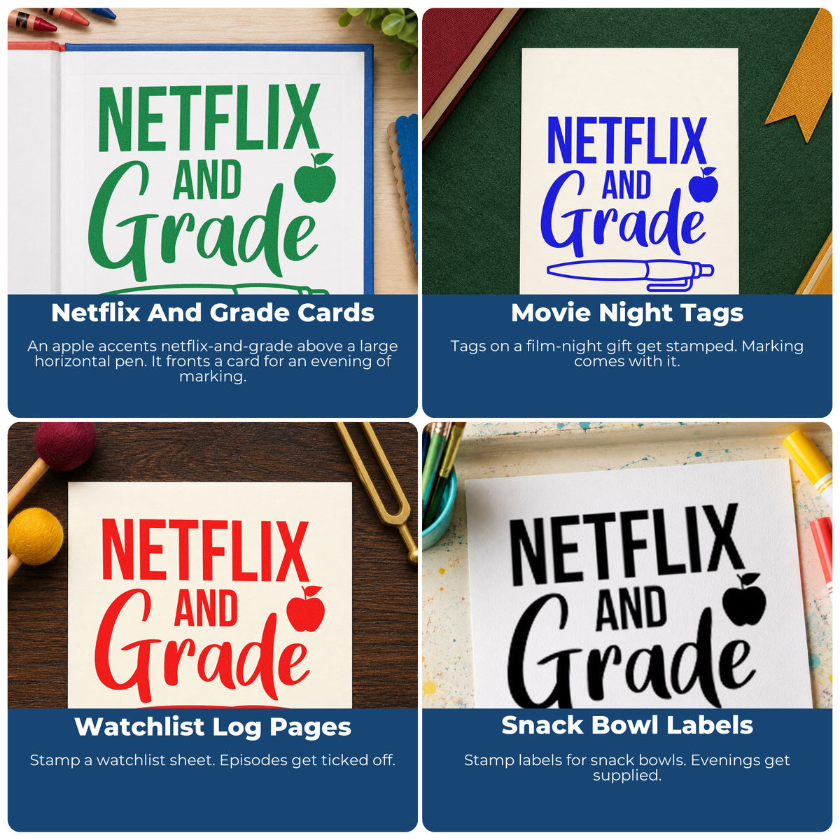 Four ways to use the Apple And Pen With Netflix And Grade Stamp – Self-Inking: netflix and grade cards, movie night tags, watchlist log pages and snack bowl labels.