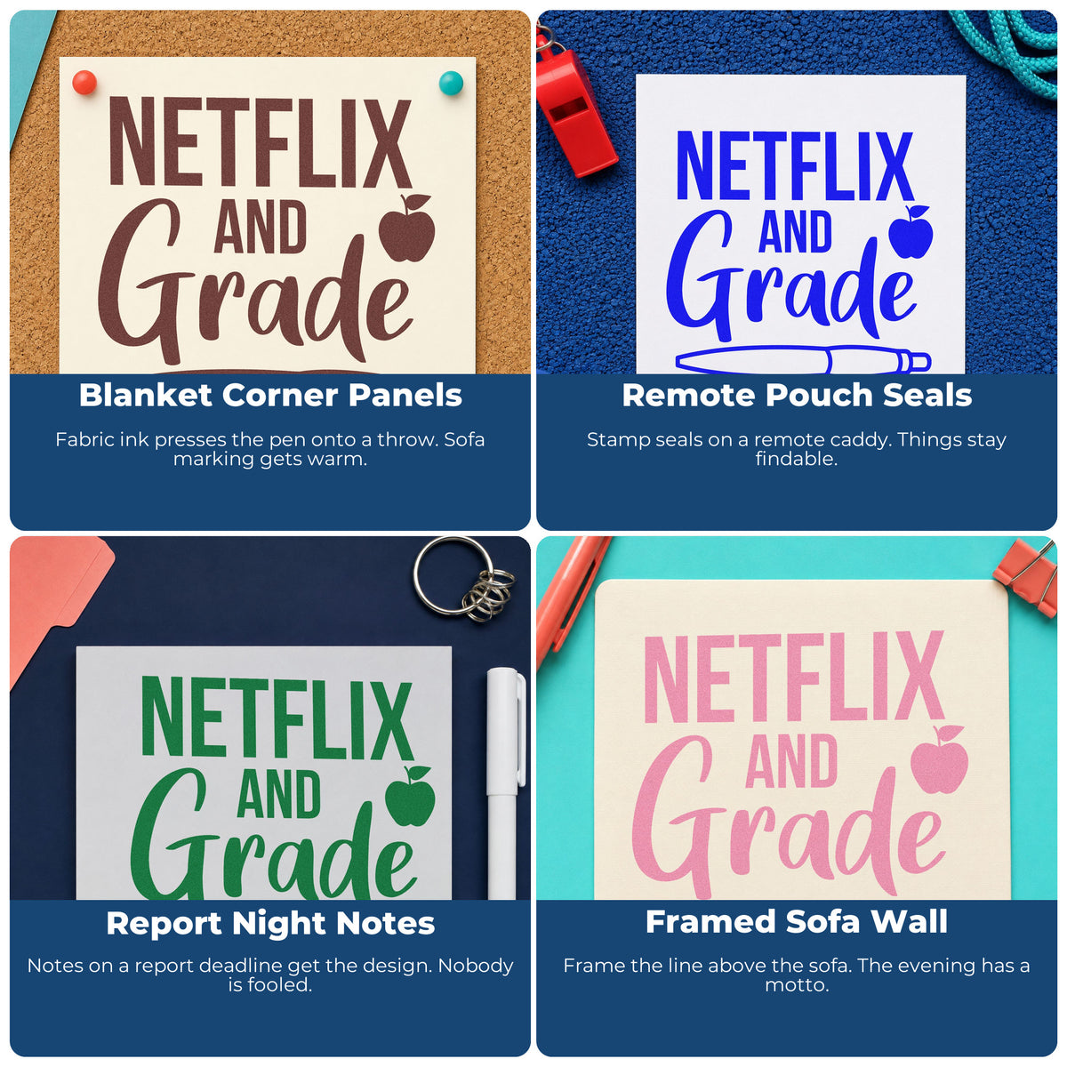 Four ways to use the Apple And Pen With Netflix And Grade Duo Hand Stamp: blanket corner panels, remote pouch seals, report night notes and framed sofa wall.
