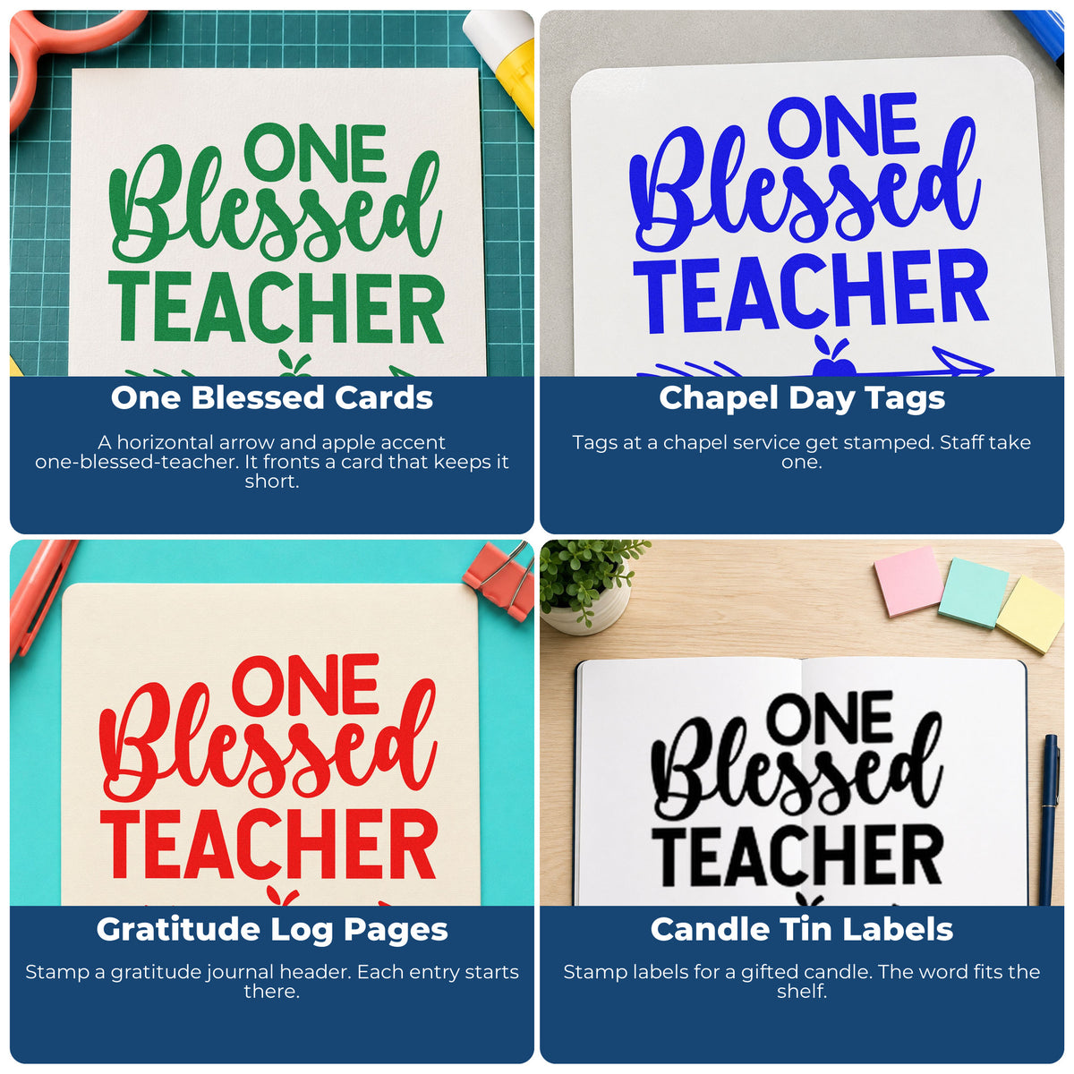 Four ways to use the One Blessed Teacher Apple Hand Stamp – Duo: one blessed cards, chapel day tags, gratitude log pages and candle tin labels.