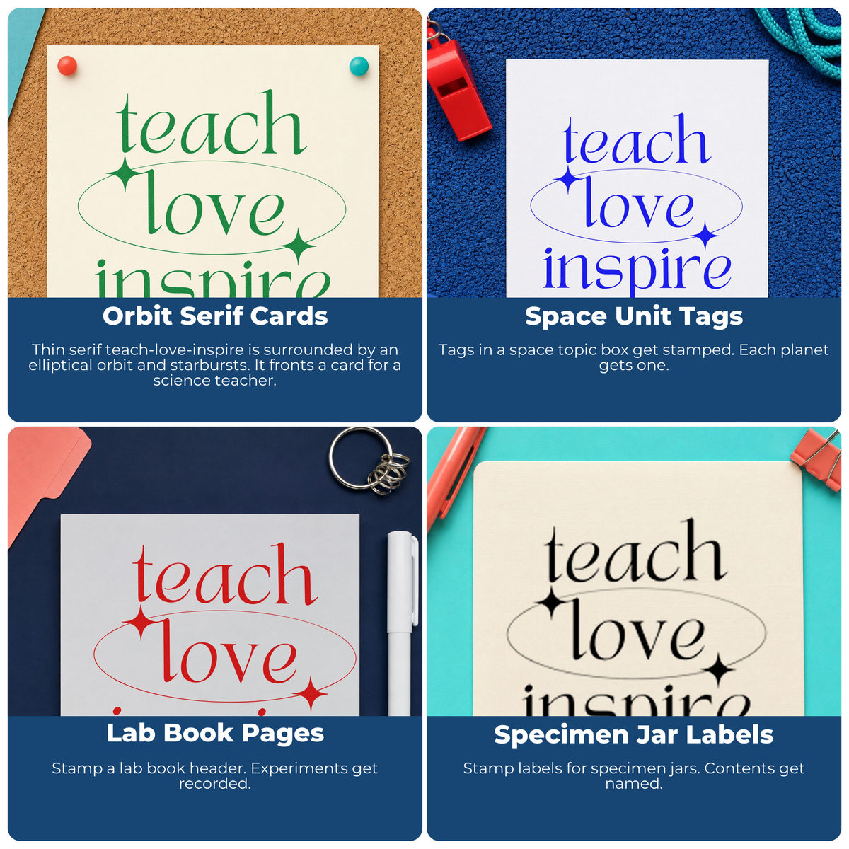 Four ways to use the Teach Love Inspire Orbit Pre-Inked Stamp – Slim: orbit serif cards, space unit tags, lab book pages and specimen jar labels.