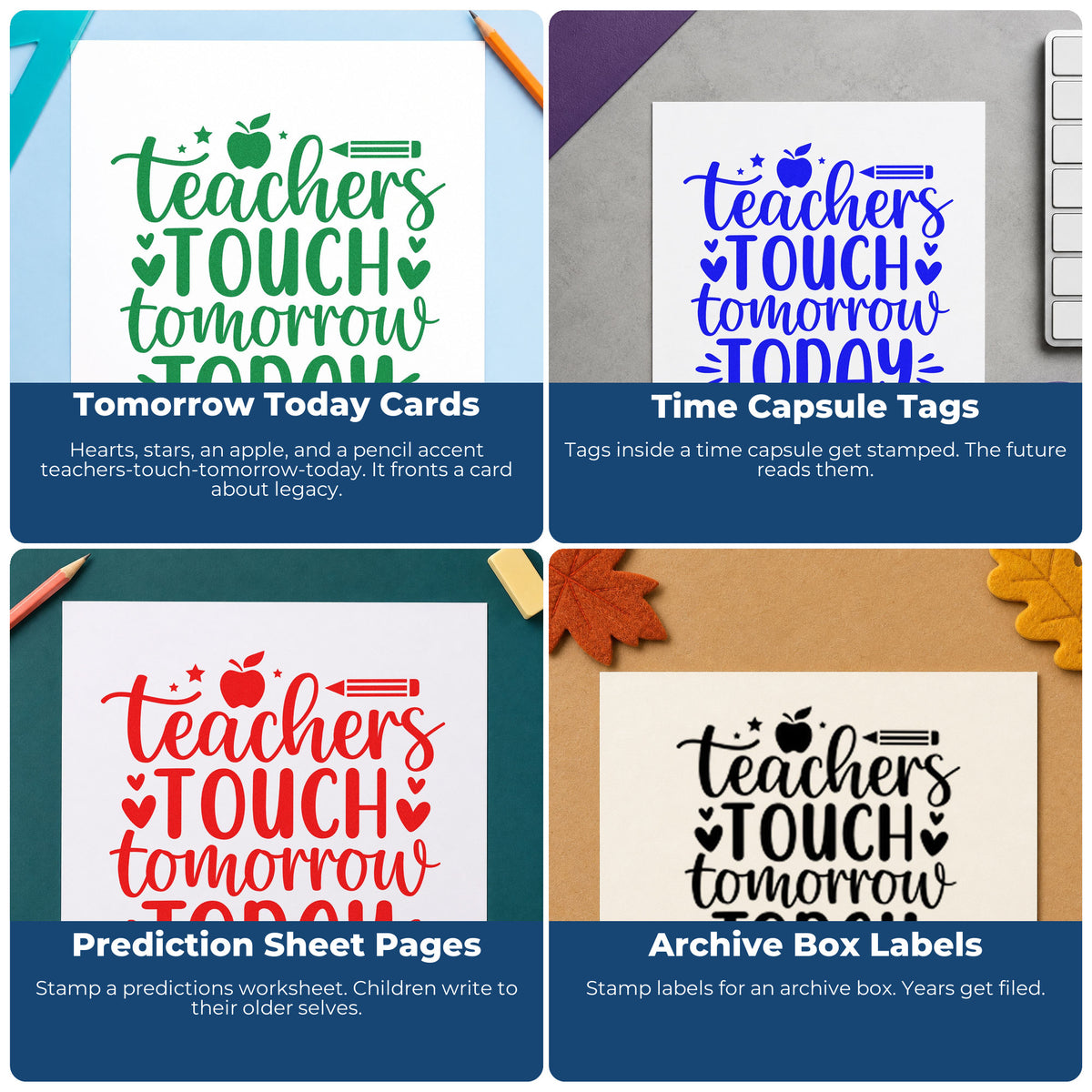 Four ways to use the Teachers Touch Tomorrow Today Apple Compact Pre-Inked Stamp – Slim: tomorrow today cards, time capsule tags, prediction sheet pages and archive box labels.