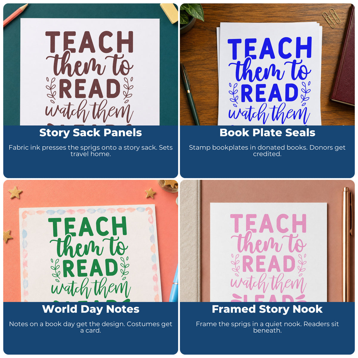 Four ways to use the Teach Them To Read Watch Them Lead Premium Wood-Mounted Stamp - Vintage Pro: story sack panels, book plate seals, world day notes and framed story nook.