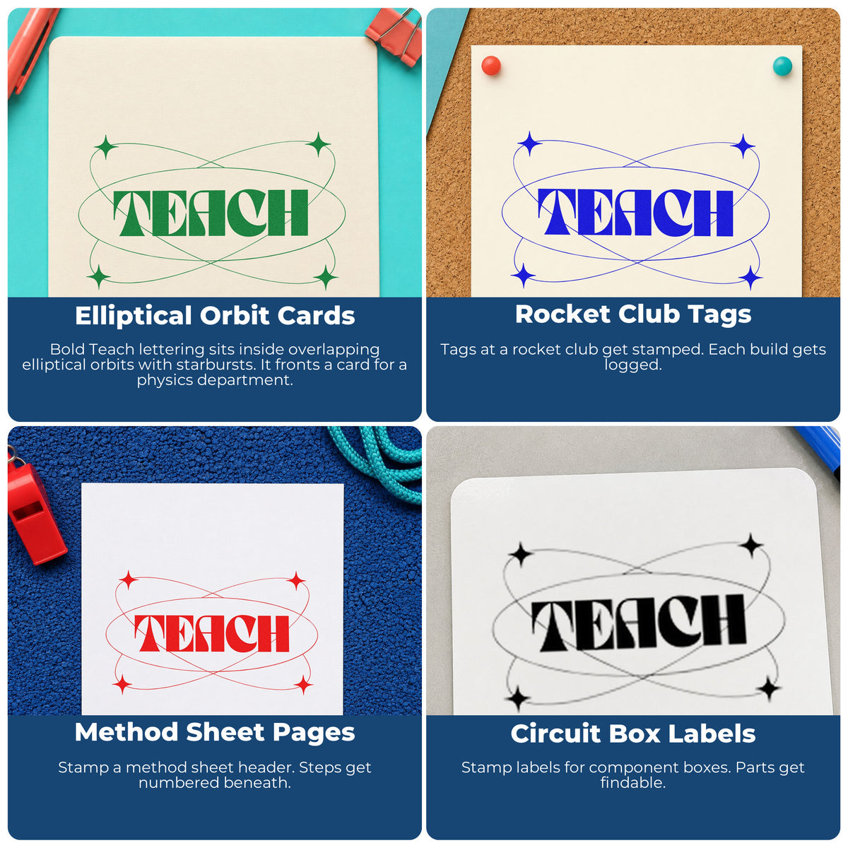 Four ways to use the Teach With Orbit Sparkles Lettering Rubber Stamp – Wood Handle: elliptical orbit cards, rocket club tags, method sheet pages and circuit box labels.