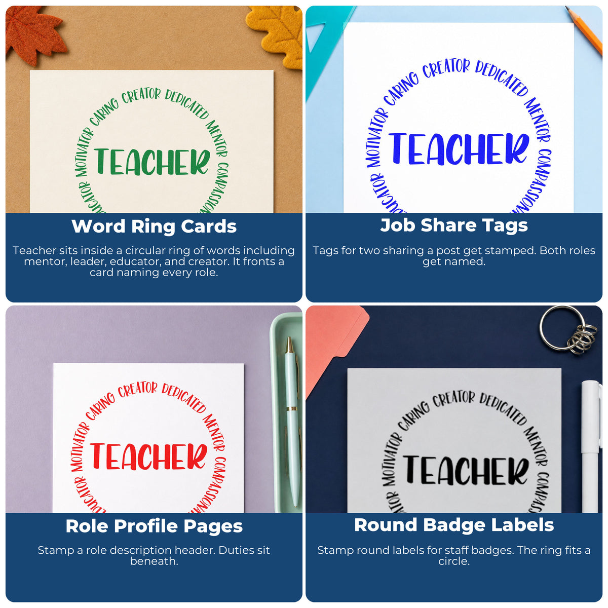 Four ways to use the Teacher Qualities Circular Word Art PSI Pre-Inked Stamp: word ring cards, job share tags, role profile pages and round badge labels.