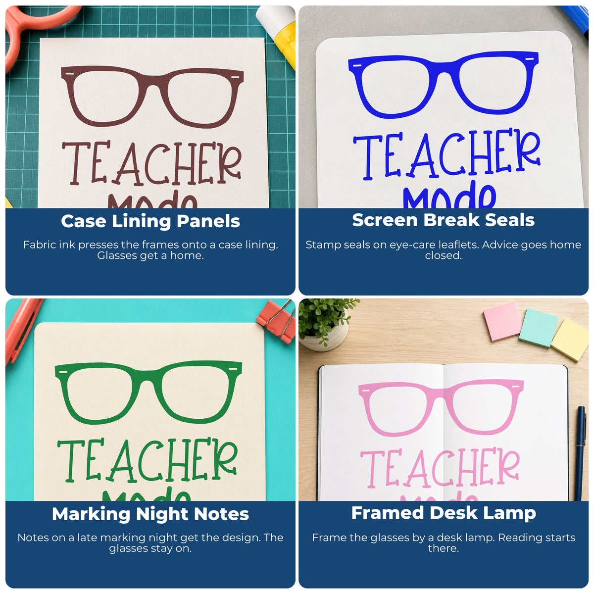 Four ways to use the Teacher Mode Eyeglasses Stamp – PSI Pre-Inked: case lining panels, screen break seals, marking night notes and framed desk lamp.