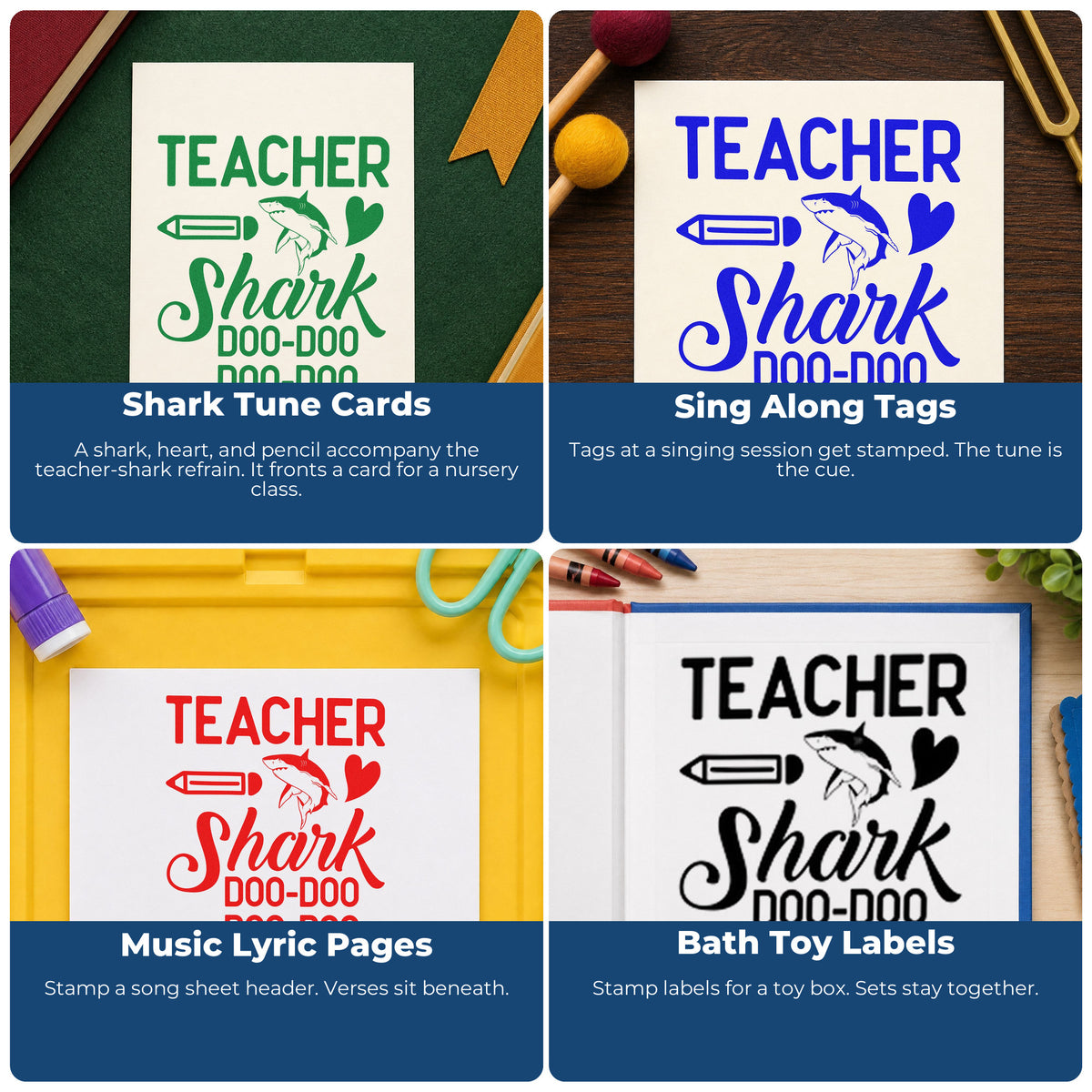 Four ways to use the Teacher Shark Doo Doo Stamp – Slim Pre-Inked: shark tune cards, sing along tags, music lyric pages and bath toy labels.