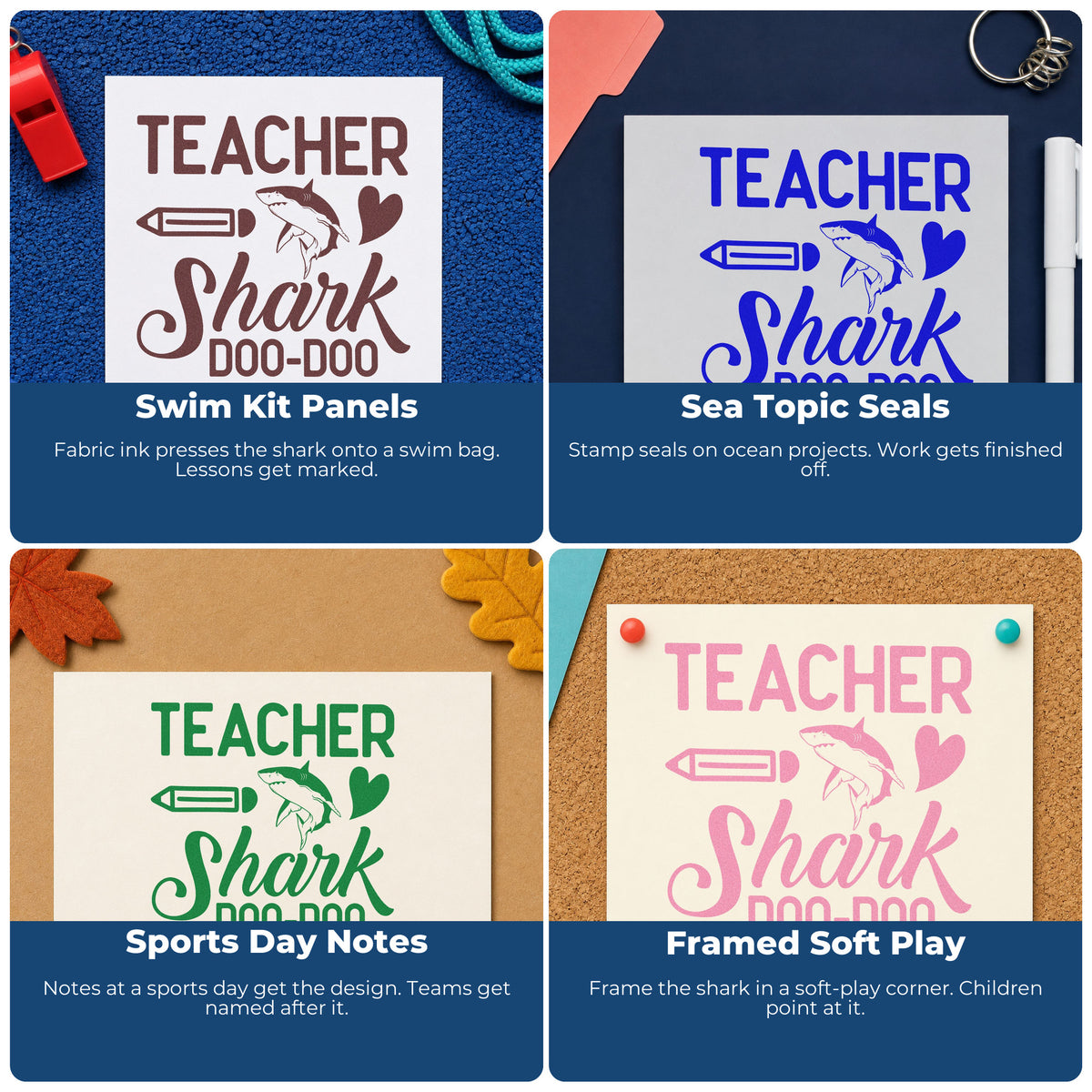 Four ways to use the Teacher Shark Doo Doo Premium Wood-Mounted Stamp - Vintage Pro: swim kit panels, sea topic seals, sports day notes and framed soft play.