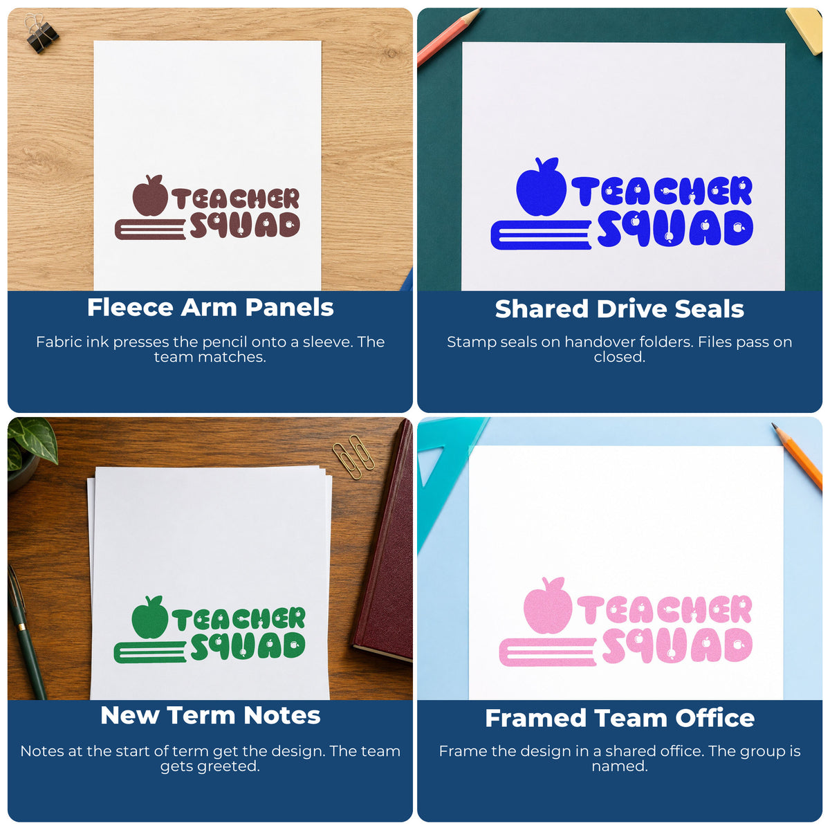Four ways to use the Teacher Squad Apple Pencil Lettering Wood Handle Stamp: fleece arm panels, shared drive seals, new term notes and framed team office.