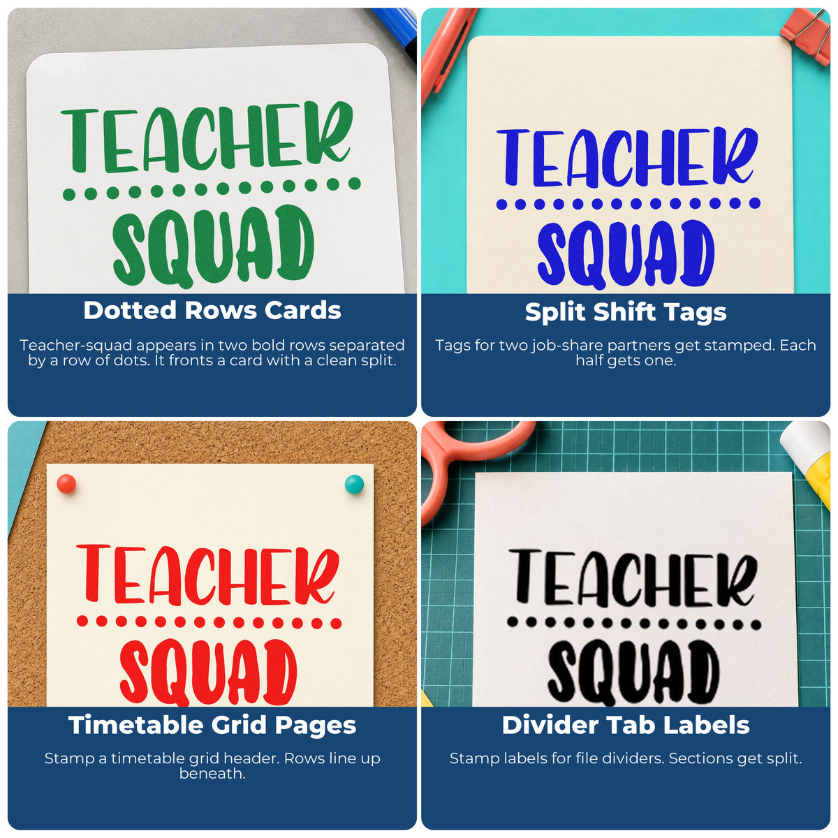 Four ways to use the Teacher Squad Two-Line Dots Hand Stamp – Duo: dotted rows cards, split shift tags, timetable grid pages and divider tab labels.