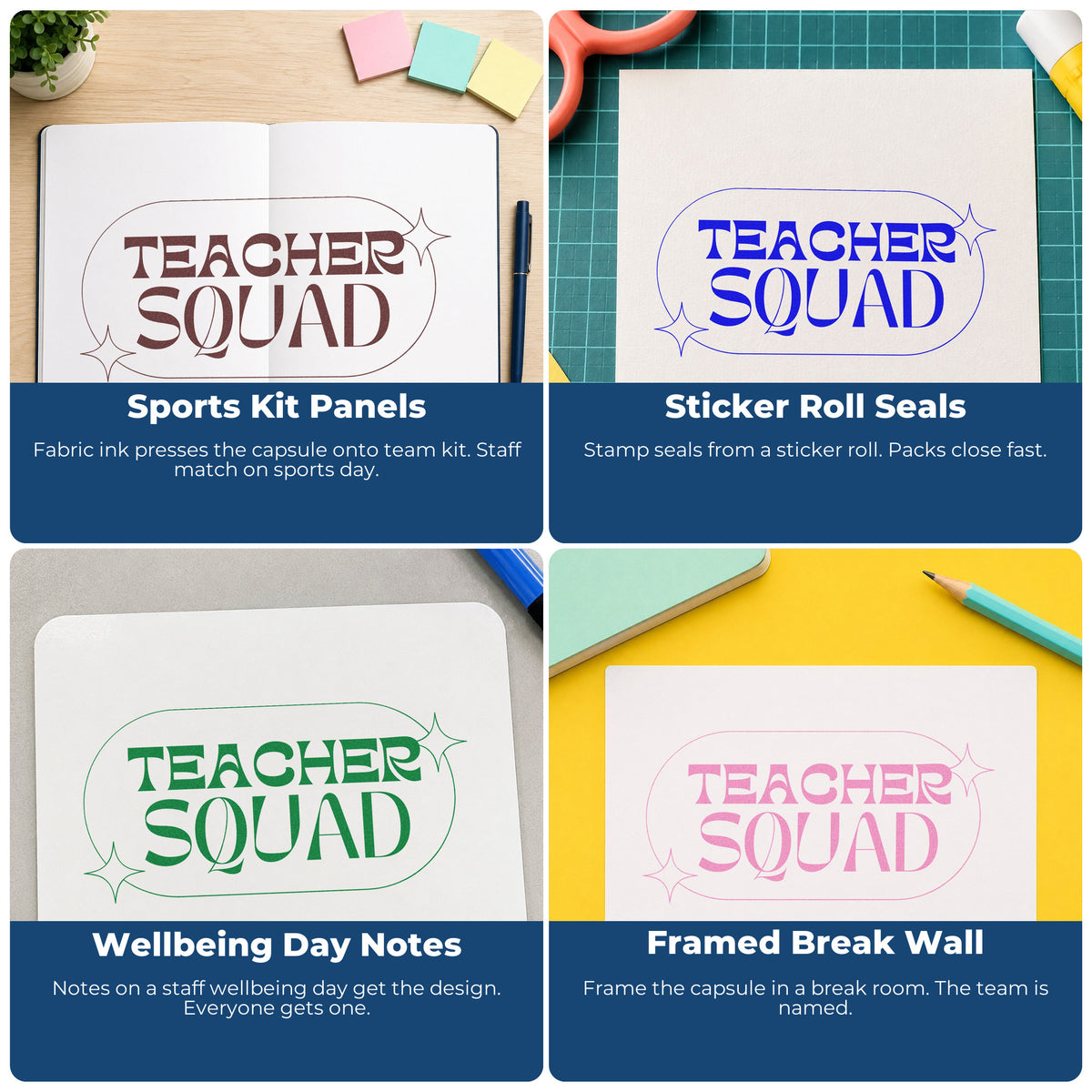 Four ways to use the Teacher Squad Sparkle Capsule Slim Pre-Inked Stamp: sports kit panels, sticker roll seals, wellbeing day notes and framed break wall.