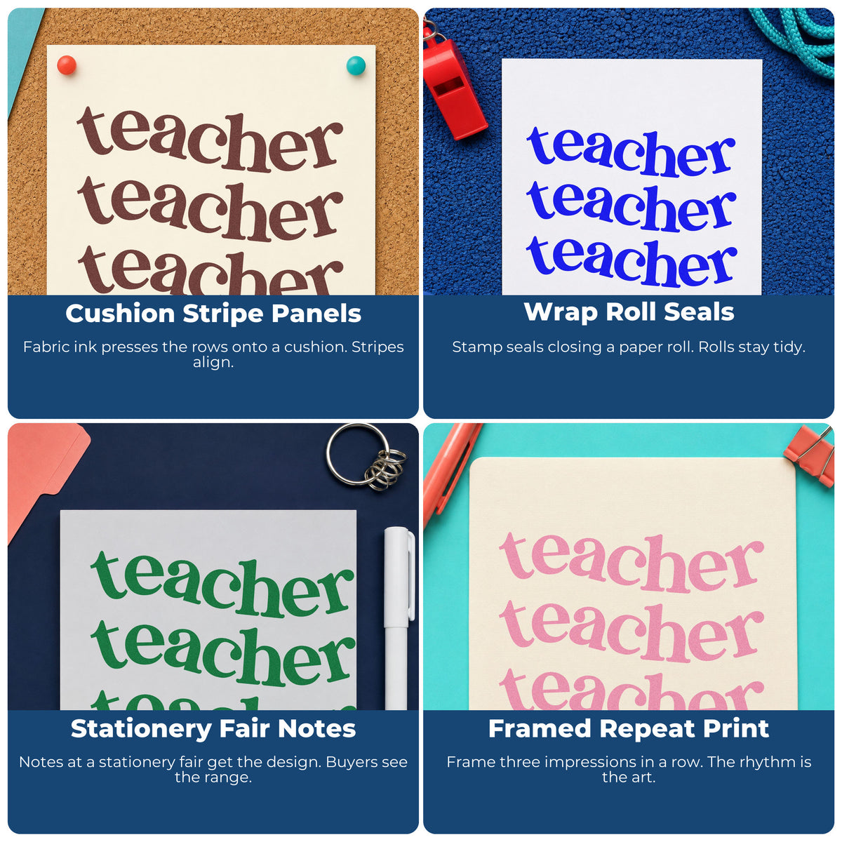 Four ways to use the Slim Pre-Inked Three Wavy Teacher Rows Serif Lettering Stamp: cushion stripe panels, wrap roll seals, stationery fair notes and framed repeat print.