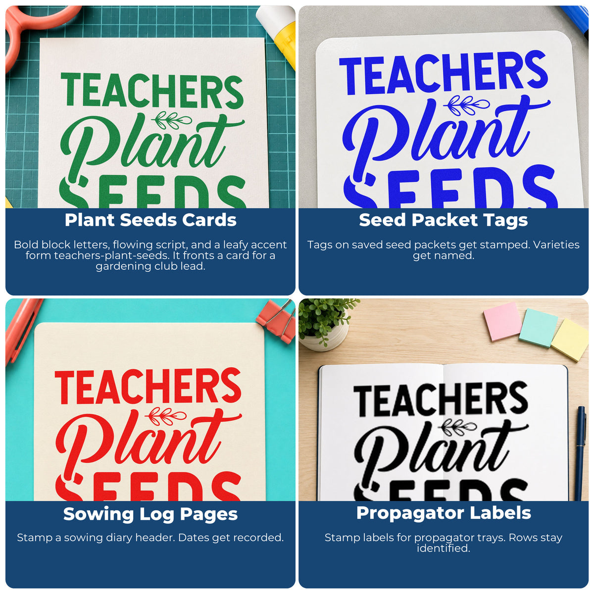 Four ways to use the Self-Inking Teachers Plant Seeds Stamp: plant seeds cards, seed packet tags, sowing log pages and propagator labels.