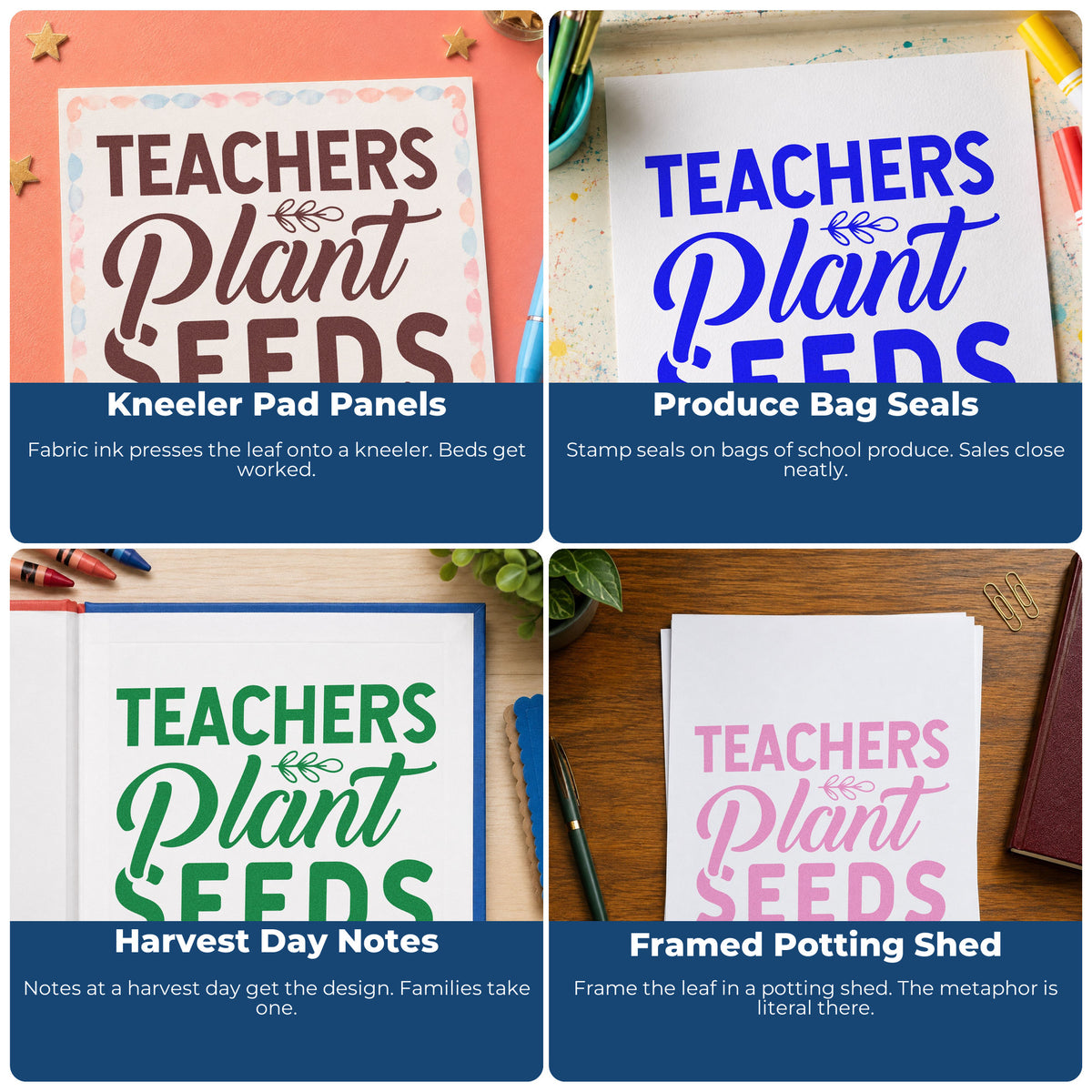 Four ways to use the Self-Inking Teachers Plant Seeds Stamp: kneeler pad panels, produce bag seals, harvest day notes and framed potting shed.