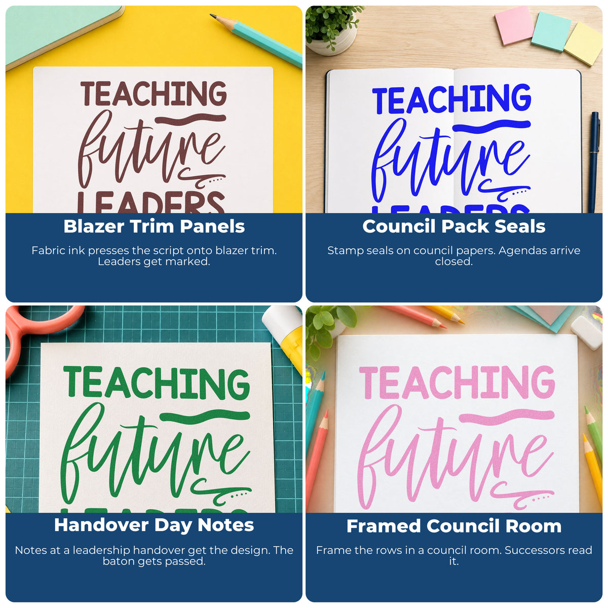 Four ways to use the Teaching Future Leaders Stamp – PSI Pre-Inked: blazer trim panels, council pack seals, handover day notes and framed council room.