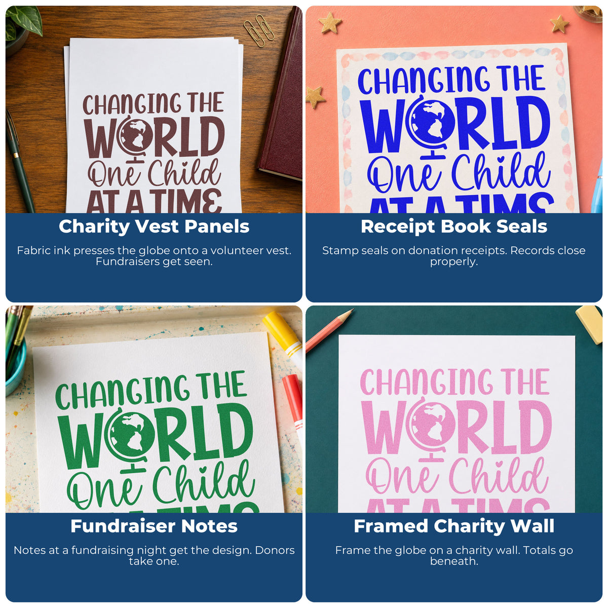 Four ways to use the Changing World One Child Pre-Inked Stamp – Slim: charity vest panels, receipt book seals, fundraiser notes and framed charity wall.
