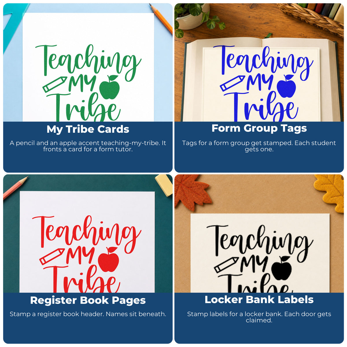 Four ways to use the Teaching My Tribe Icons Stamp – Self-Inking: my tribe cards, form group tags, register book pages and locker bank labels.