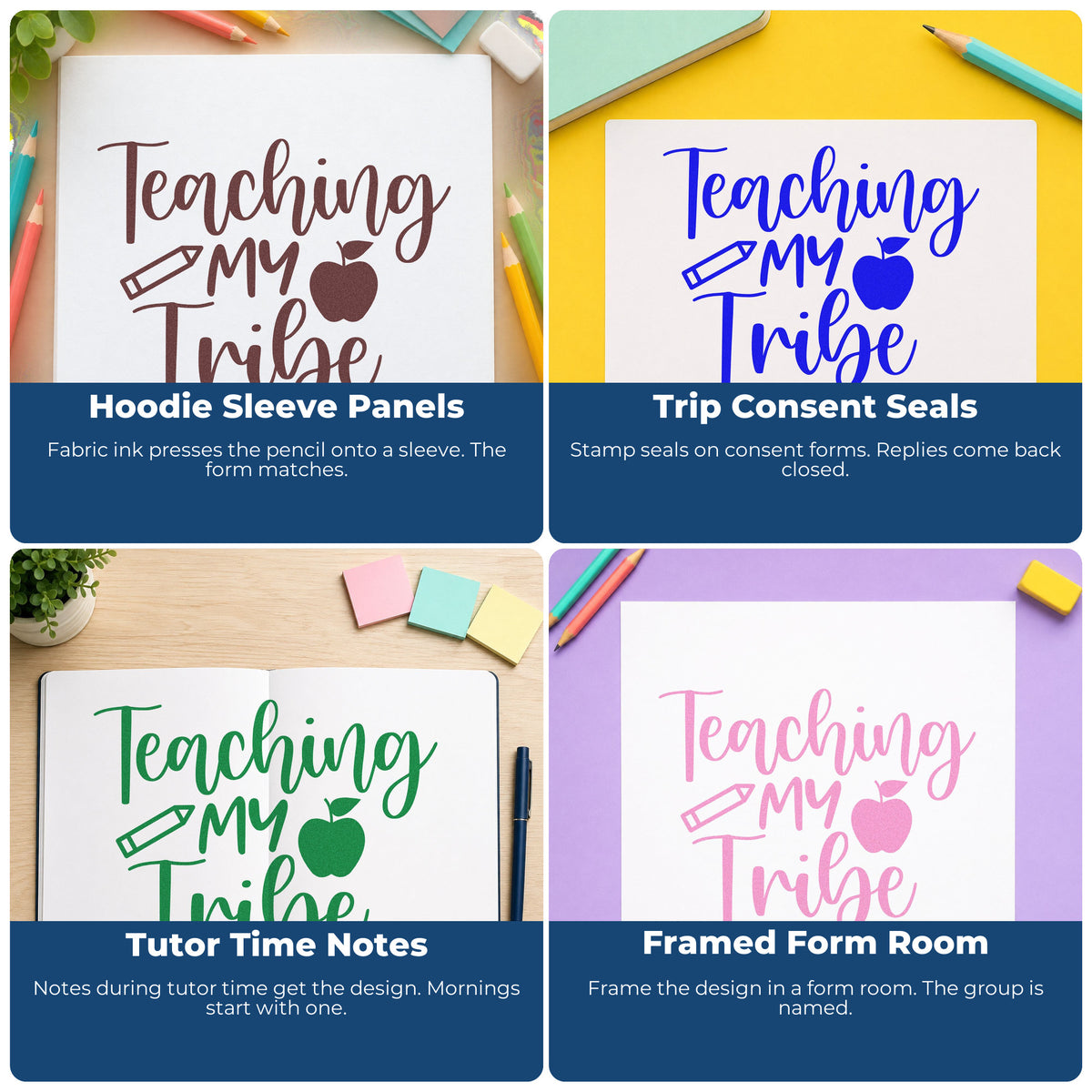 Four ways to use the Teaching My Tribe Icons Duo Hand Stamp: hoodie sleeve panels, trip consent seals, tutor time notes and framed form room.
