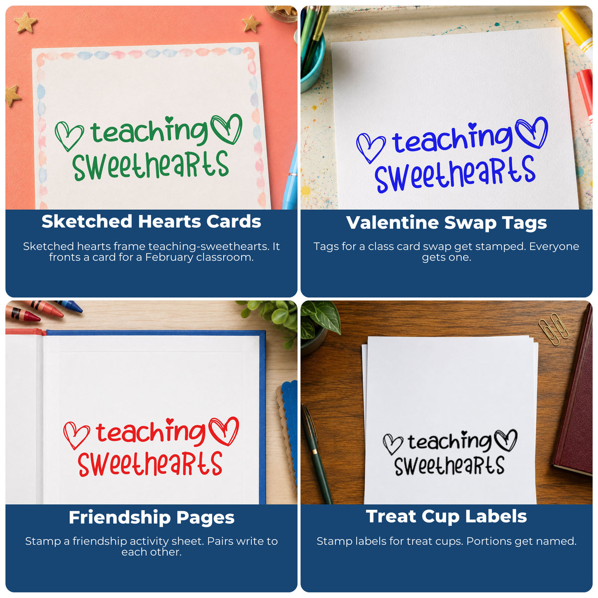 Four ways to use the Premium Wooden Teaching Sweethearts Stamp - Vintage Pro: sketched hearts cards, valentine swap tags, friendship pages and treat cup labels.