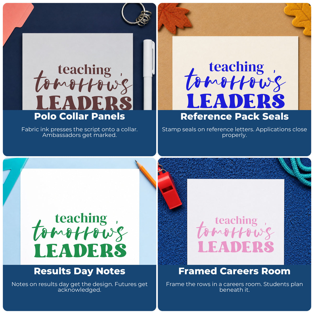 Four ways to use the Teaching Tomorrow's Leaders Self-Inking Stamp: polo collar panels, reference pack seals, results day notes and framed careers room.