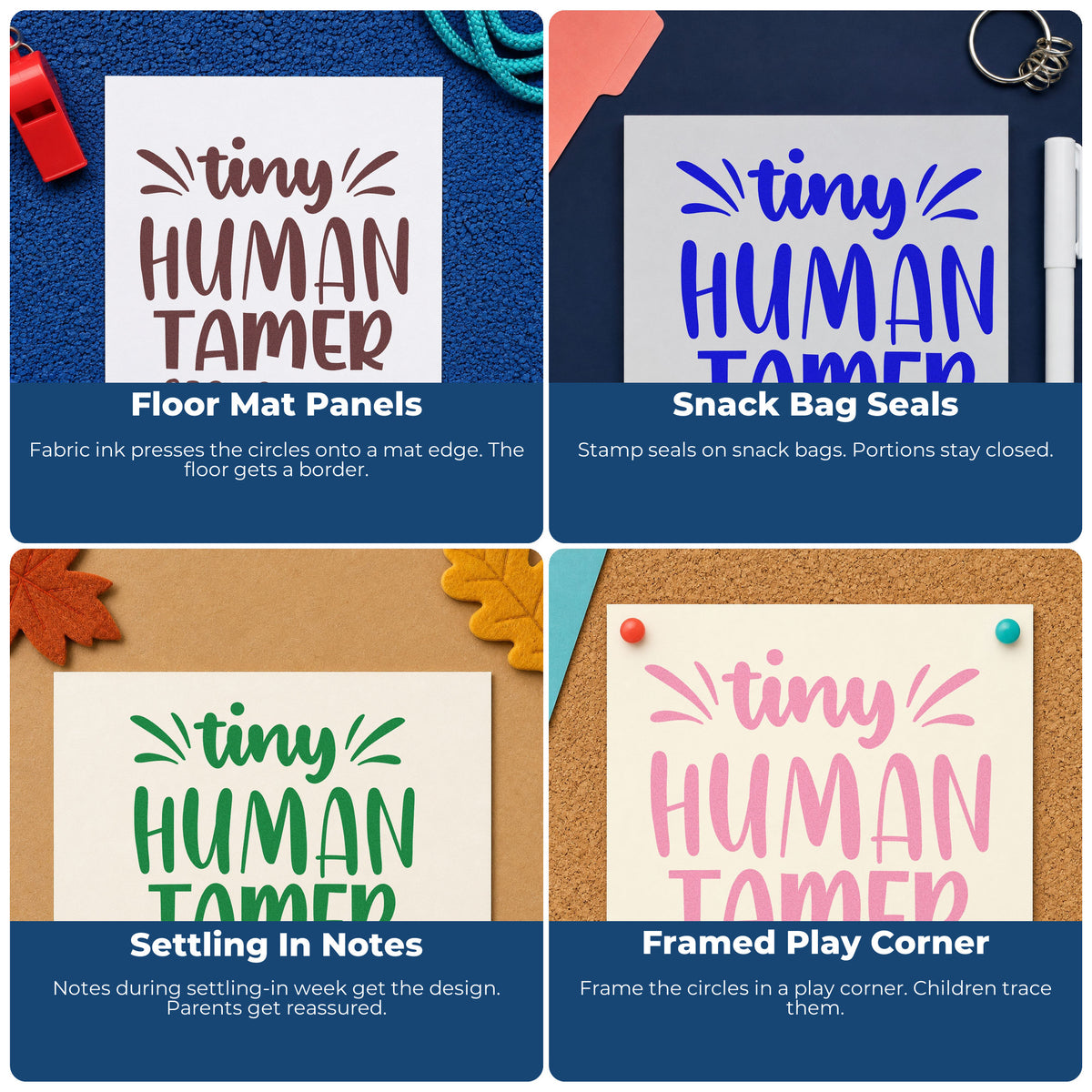 Four ways to use the Tiny Human Tamer Rubber Stamp – Duo Hand: floor mat panels, snack bag seals, settling in notes and framed play corner.