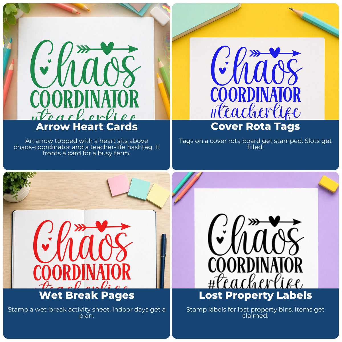 Four ways to use the Chaos Coordinator Teacher Life With Hearts Pre-Inked Stamp – Slim: arrow heart cards, cover rota tags, wet break pages and lost property labels.
