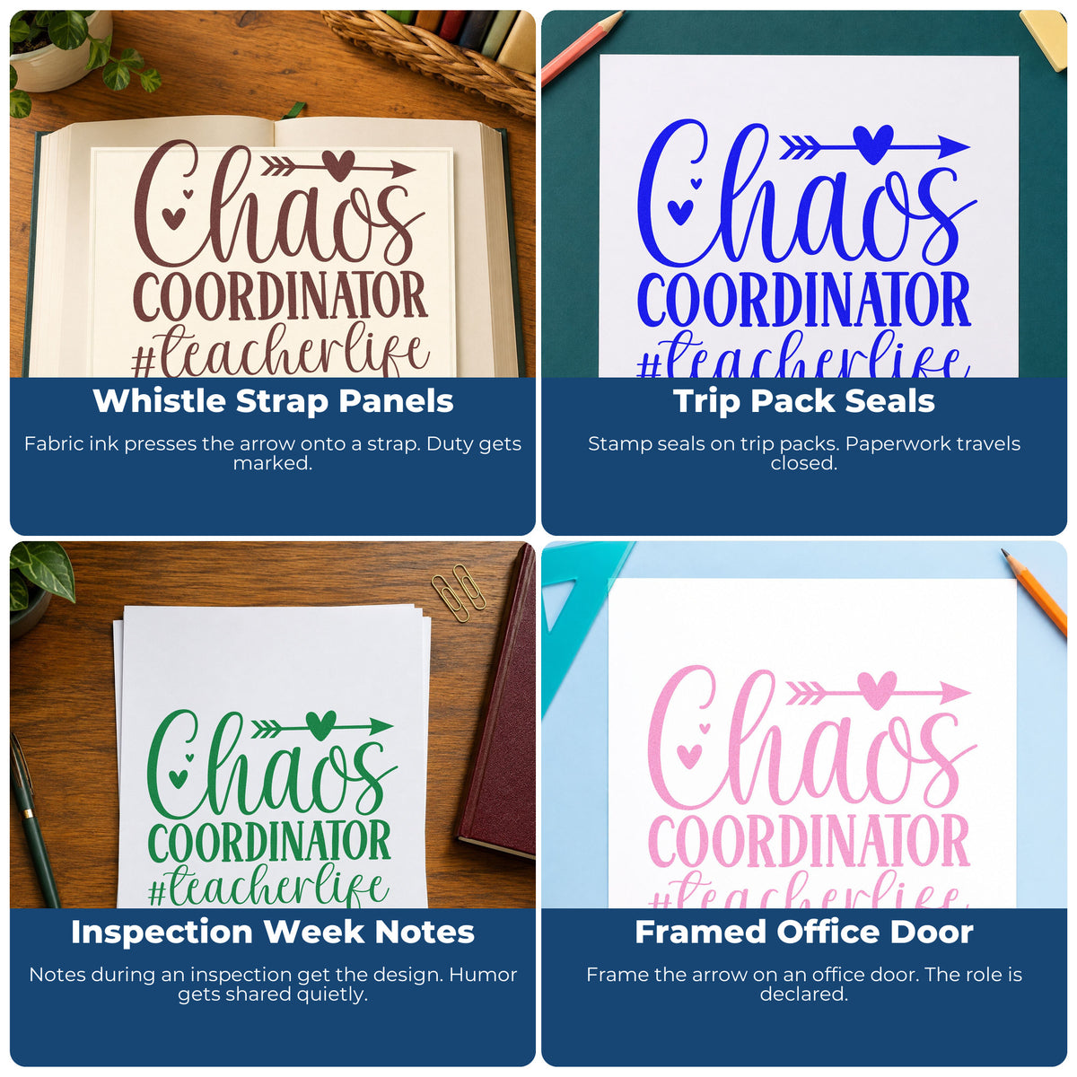 Four ways to use the Chaos Coordinator Teacher Life With Hearts Pre-Inked Stamp – Slim: whistle strap panels, trip pack seals, inspection week notes and framed office door.