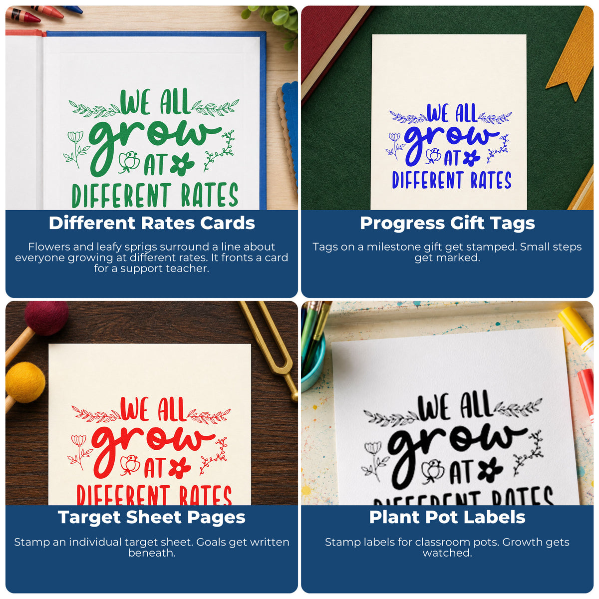 Four ways to use the We All Grow At Different Rates Self-Inking Stamp: different rates cards, progress gift tags, target sheet pages and plant pot labels.