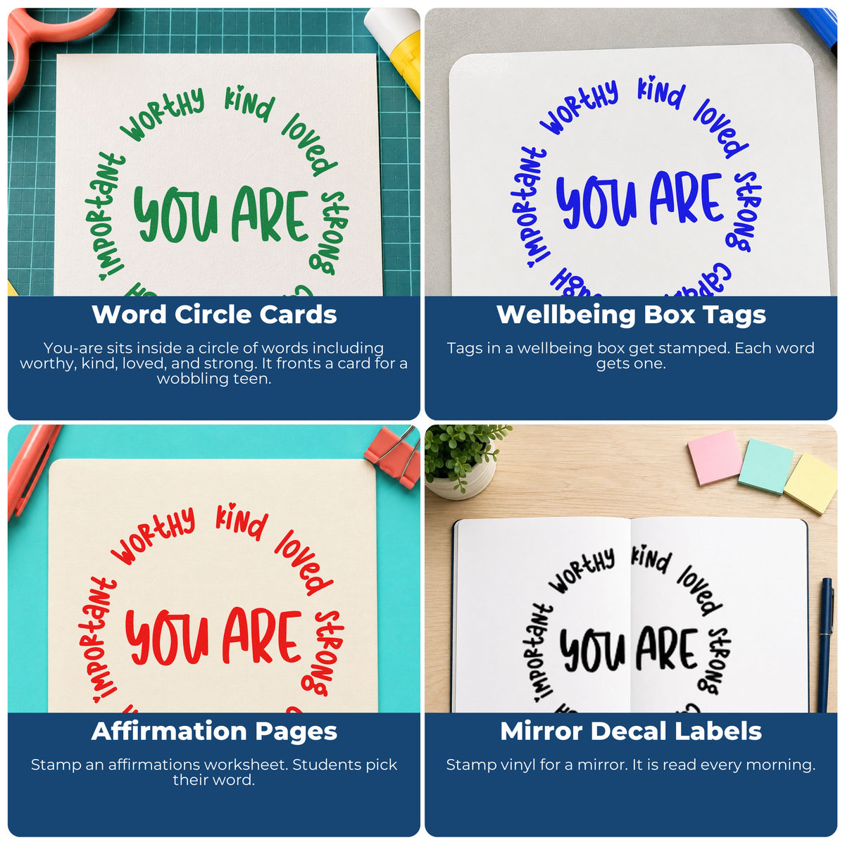Four ways to use the You Are Positive Qualities Stamp – Self-Inking: word circle cards, wellbeing box tags, affirmation pages and mirror decal labels.