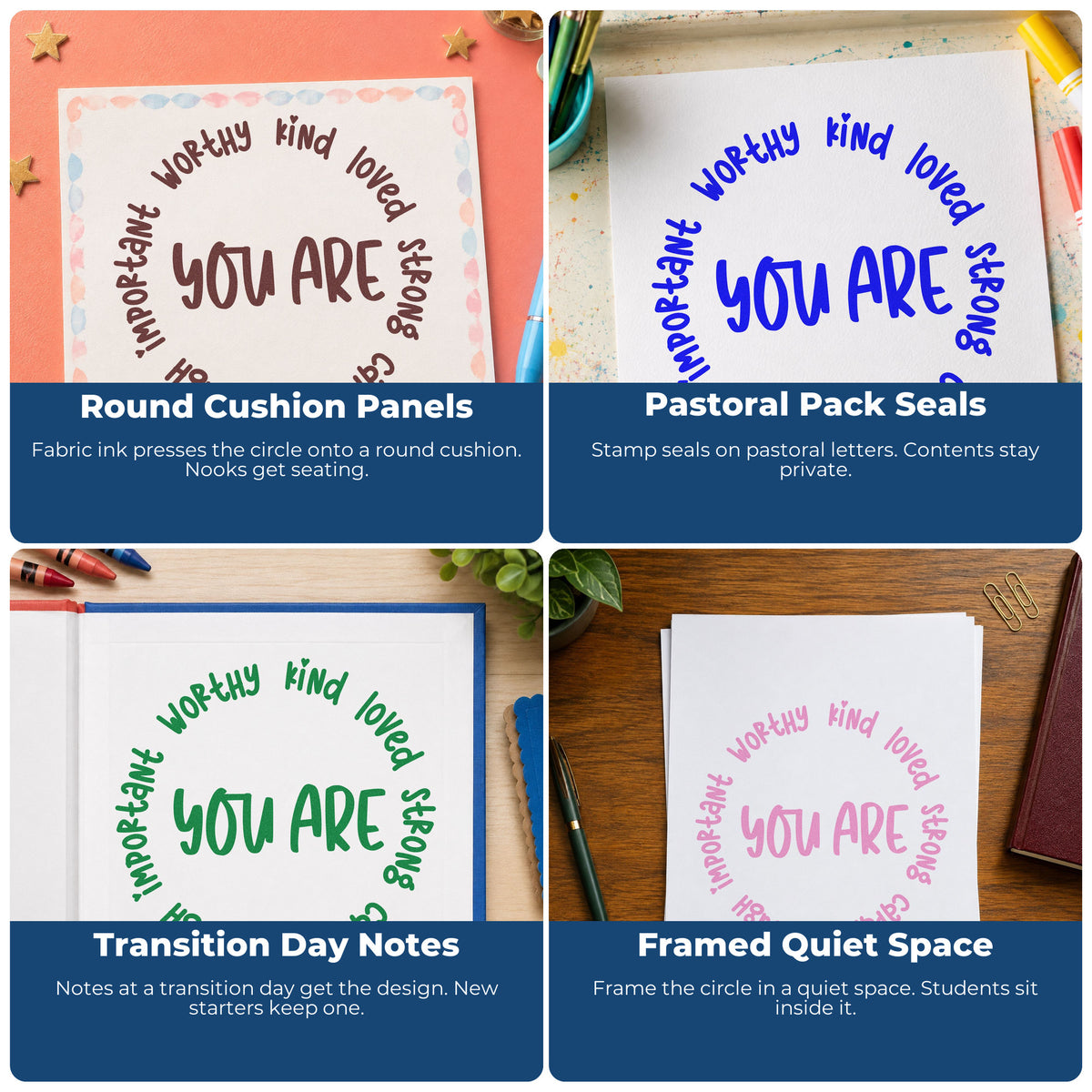 Four ways to use the You Are Positive Qualities PSI Pre-Inked Stamp: round cushion panels, pastoral pack seals, transition day notes and framed quiet space.