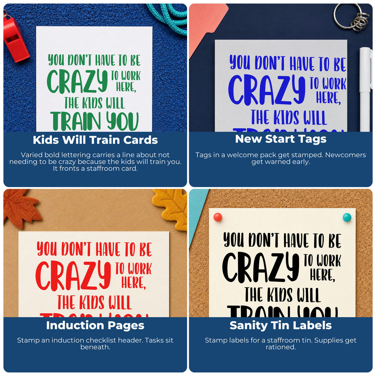 Four ways to use the Crazy Kids Will Train You Lettering Stamp – PSI Pre-Inked: kids will train cards, new start tags, induction pages and sanity tin labels.