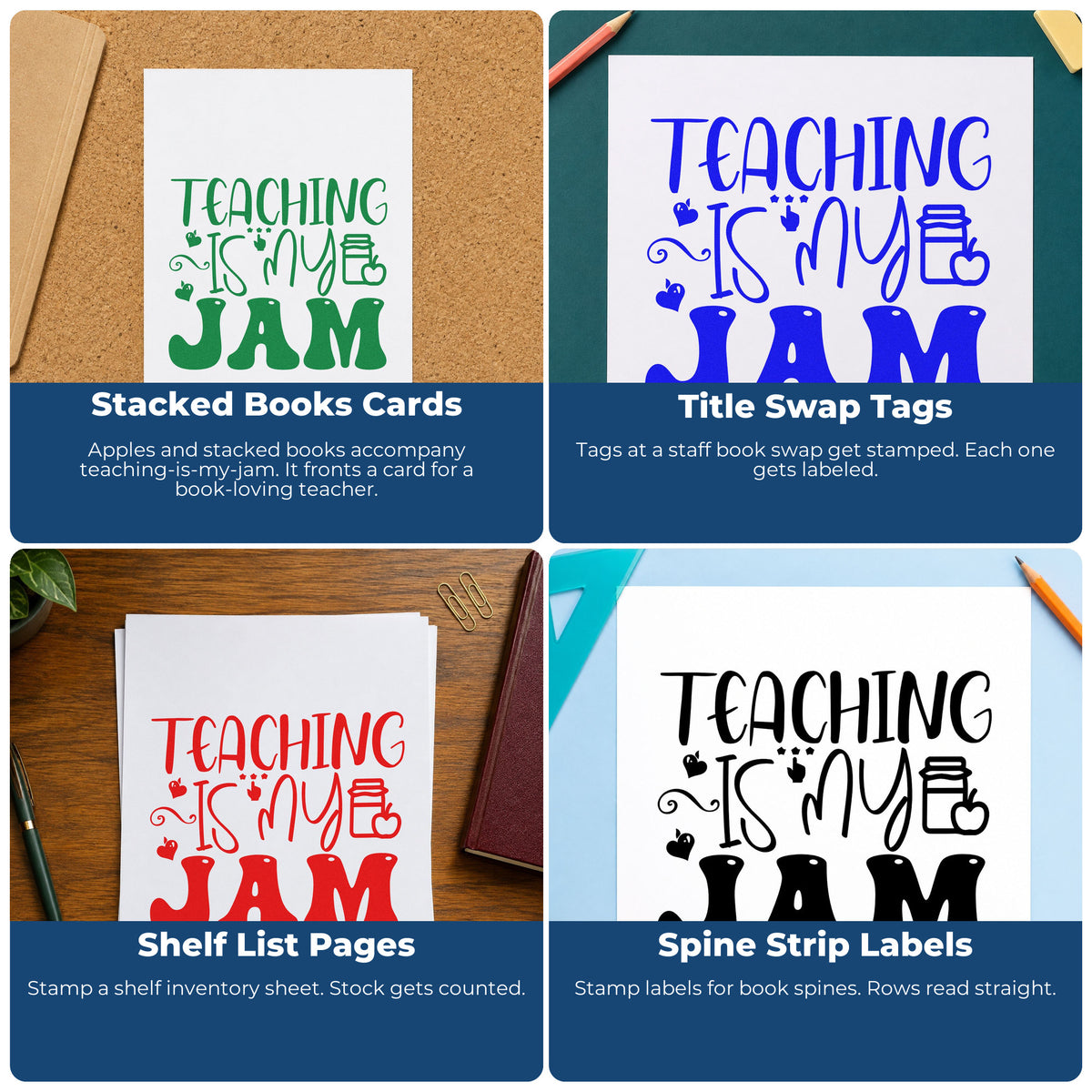 Four ways to use the Teaching Is My Jam Icons Stamp – Slim Pre-Inked: stacked books cards, title swap tags, shelf list pages and spine strip labels.