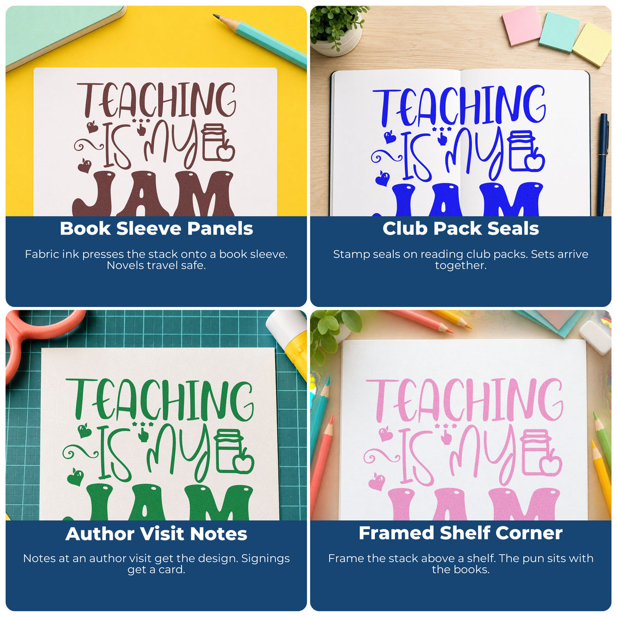 Four ways to use the Teaching Is My Jam Icons Stamp – Slim Pre-Inked: book sleeve panels, club pack seals, author visit notes and framed shelf corner.