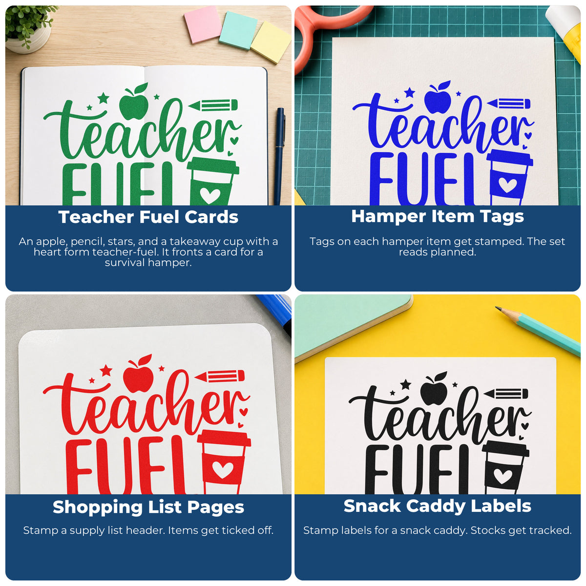 Four ways to use the Teacher Fuel Coffee Cup Apple Compact Pre-Inked Stamp – Slim: teacher fuel cards, hamper item tags, shopping list pages and snack caddy labels.