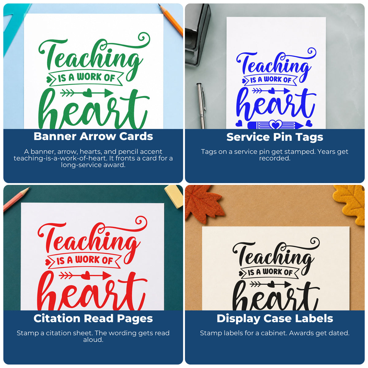 Four ways to use the Teaching Work Of Heart Pencil Arrow Rubber Stamp – Duo Hand: banner arrow cards, service pin tags, citation read pages and display case labels.