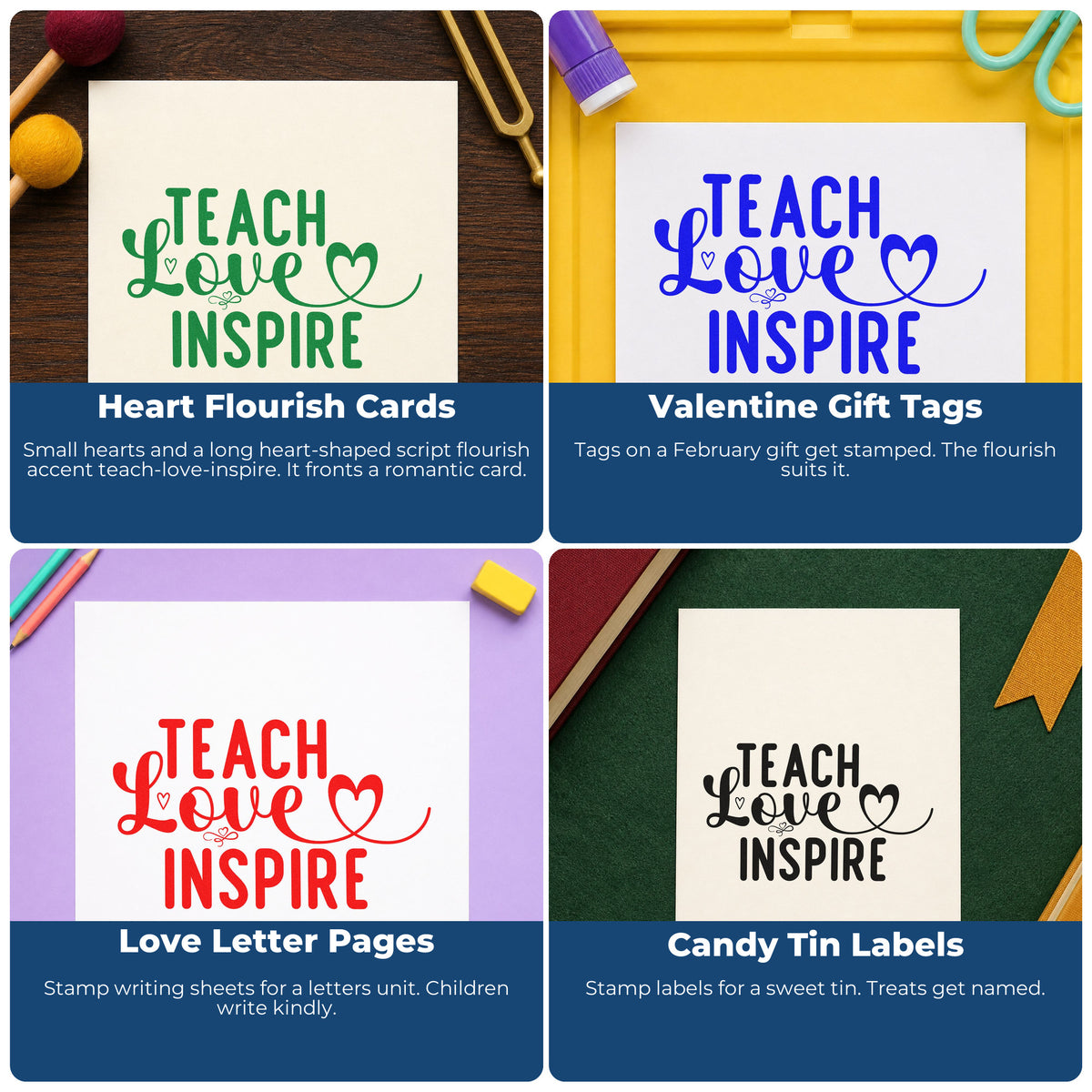 Four ways to use the Teach Love Inspire Heart Flourished Lettering Rubber Stamp – Wood Handle: heart flourish cards, valentine gift tags, love letter pages and candy tin labels.