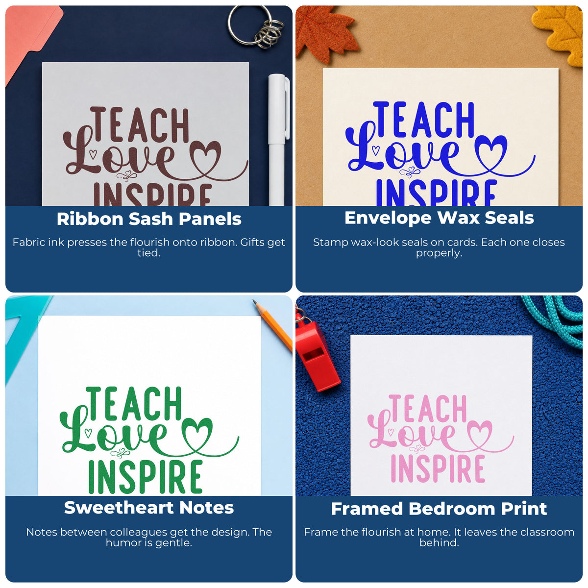 Four ways to use the Teach Love Inspire Heart Flourished Lettering Rubber Stamp – Wood Handle: ribbon sash panels, envelope wax seals, sweetheart notes and framed bedroom print.