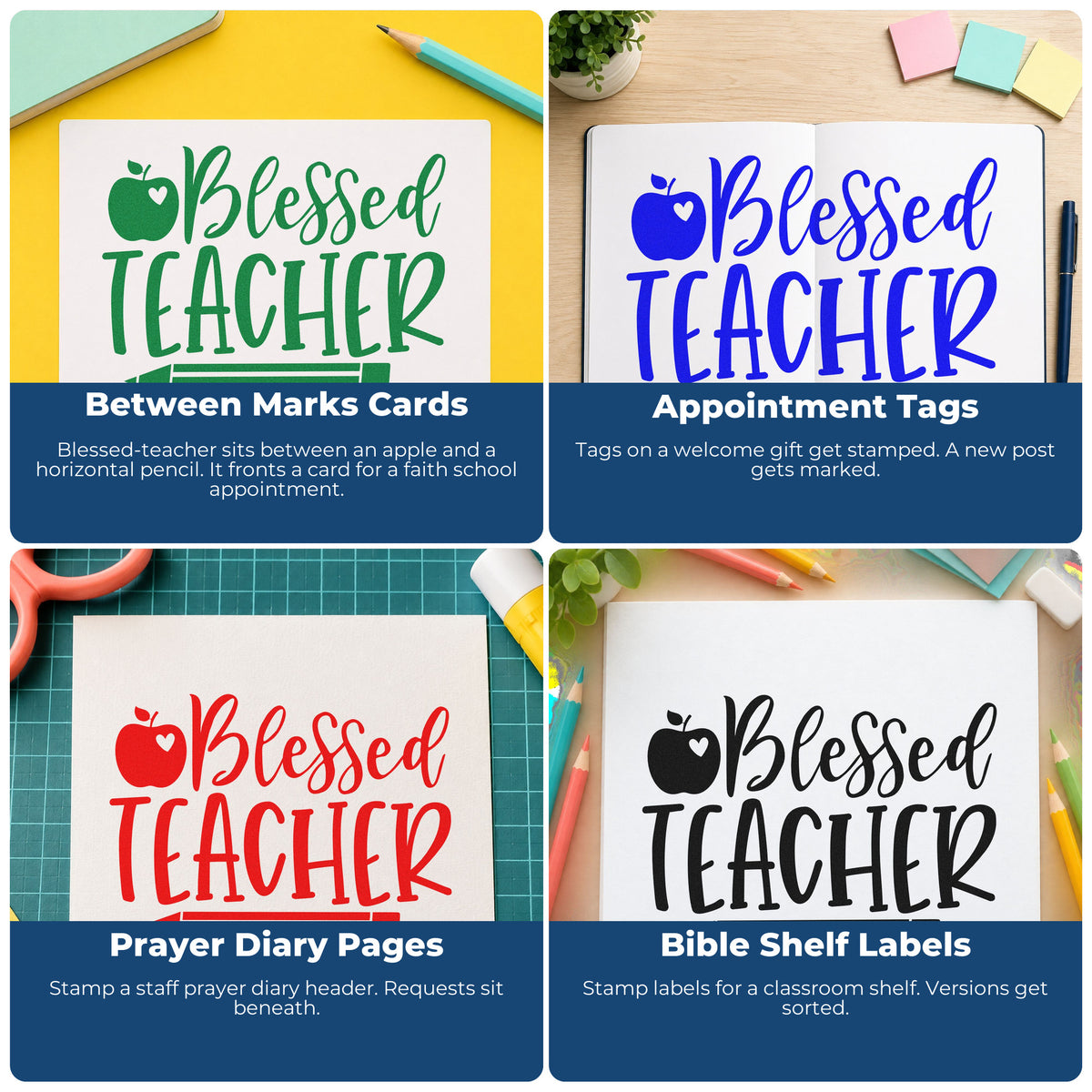 Four ways to use the Teacher Blessings Apple And Pencil Rubber Stamp – Duo Hand: between marks cards, appointment tags, prayer diary pages and bible shelf labels.