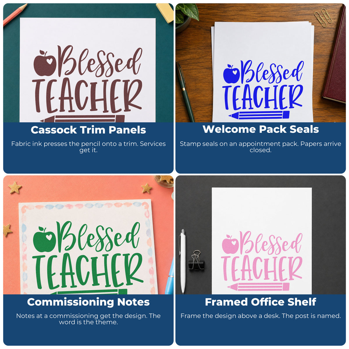 Four ways to use the Teacher Blessings Apple And Pencil Pre-Inked Stamp – Slim: cassock trim panels, welcome pack seals, commissioning notes and framed office shelf.