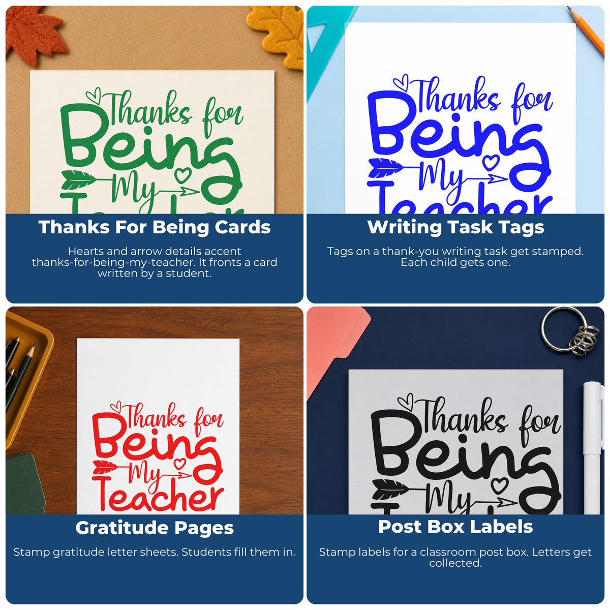 Four ways to use the Thanks For Being My Teacher Hand Stamp – Duo: thanks for being cards, writing task tags, gratitude pages and post box labels.