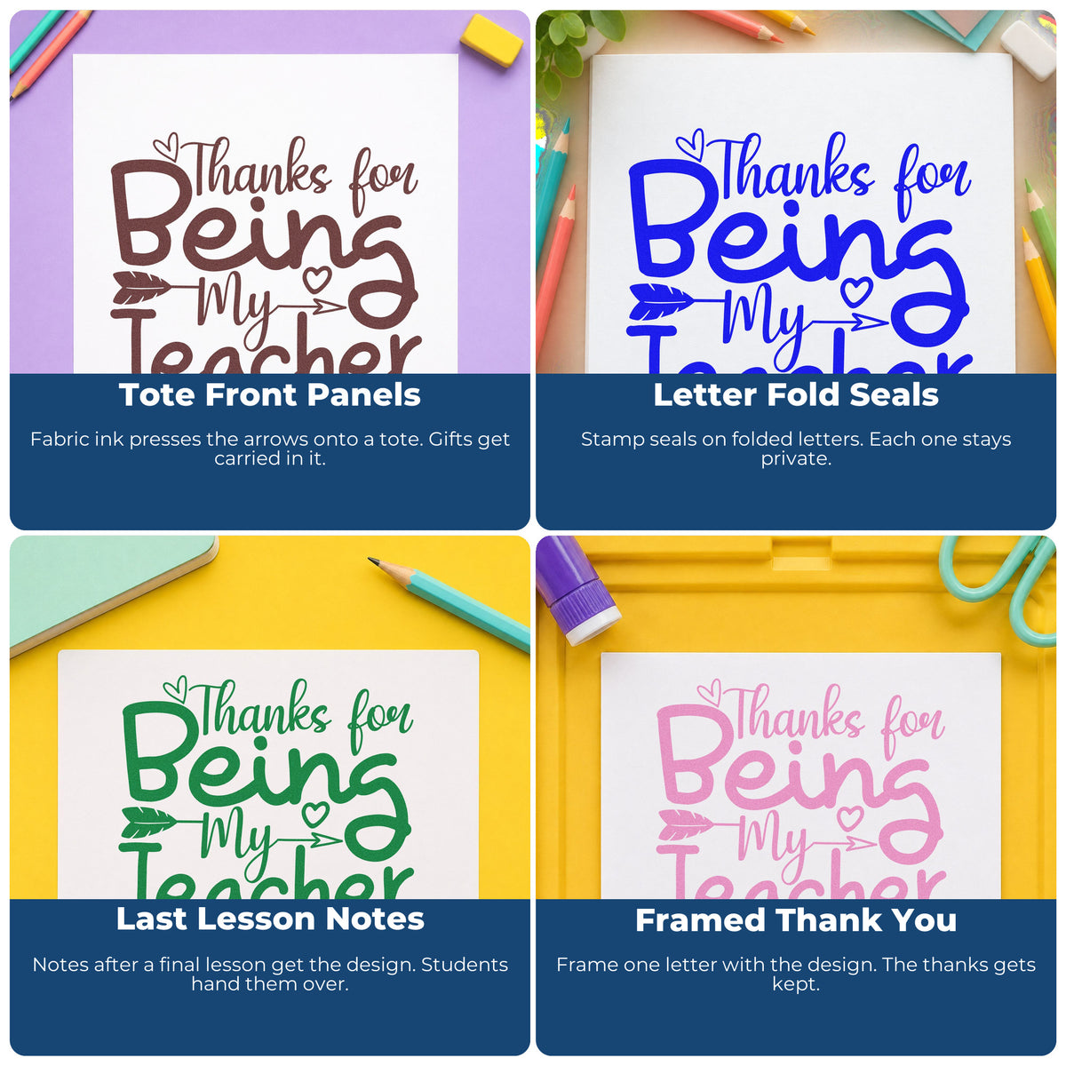 Four ways to use the Thanks For Being My Teacher Hand Stamp – Duo: tote front panels, letter fold seals, last lesson notes and framed thank you.