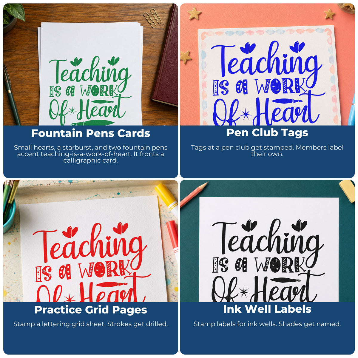 Four ways to use the Work Of Heart With Two Fountain Pens Rubber Stamp – Duo Hand: fountain pens cards, pen club tags, practice grid pages and ink well labels.