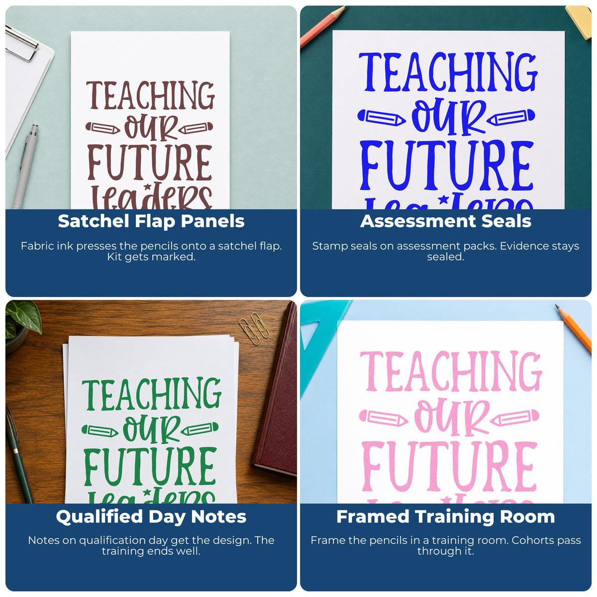 Four ways to use the Teaching Our Future Leaders Pencil PSI Pre-Inked Stamp: satchel flap panels, assessment seals, qualified day notes and framed training room.
