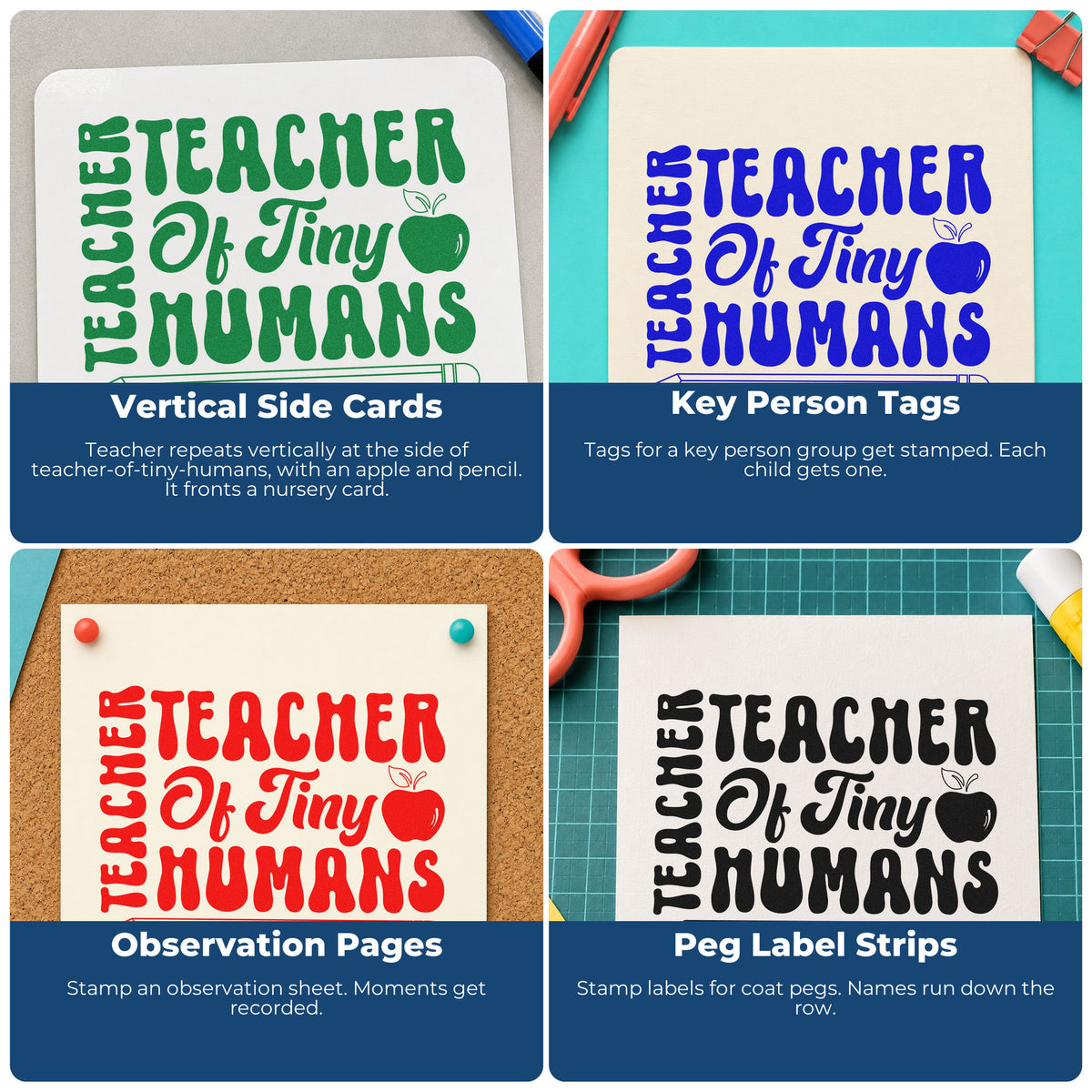 Four ways to use the Teacher Of Tiny Humans Pencil Rubber Stamp – Wood Handle: vertical side cards, key person tags, observation pages and peg label strips.
