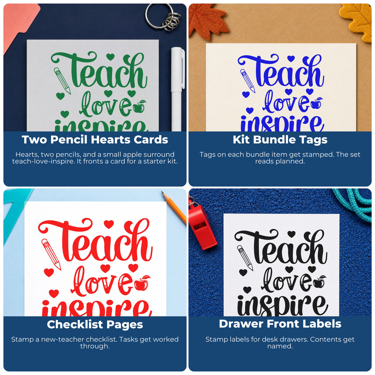 Four ways to use the Teach Love Inspire Apple Rubber Stamp – Duo Hand: two pencil hearts cards, kit bundle tags, checklist pages and drawer front labels.