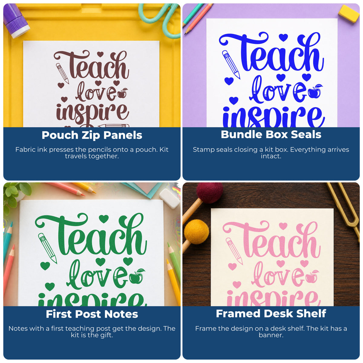 Four ways to use the Teach Love Inspire Apple Rubber Stamp – Duo Hand: pouch zip panels, bundle box seals, first post notes and framed desk shelf.