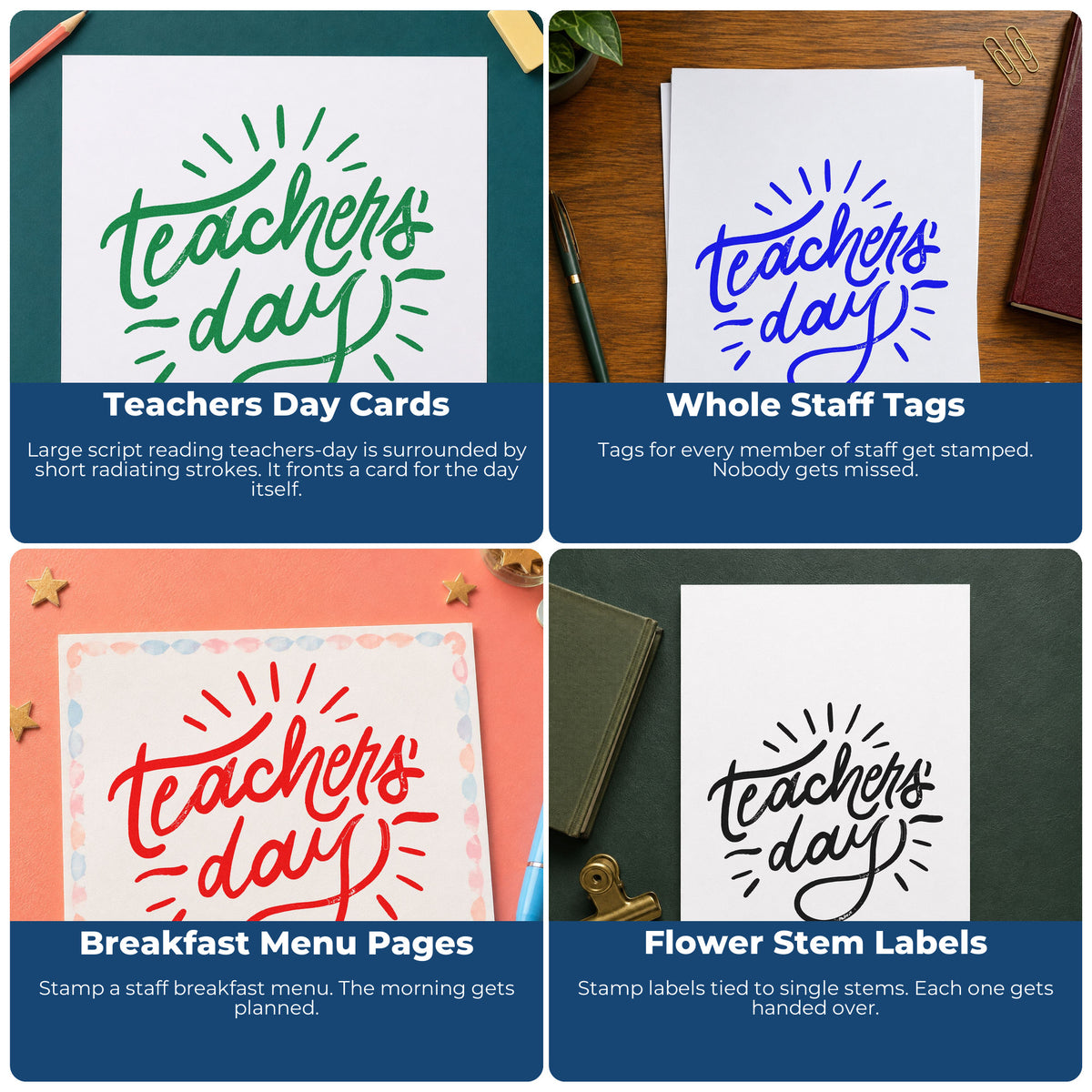 Four ways to use the Teachers Day Radiating Script Premium Wooden Stamp - Vintage Pro: teachers day cards, whole staff tags, breakfast menu pages and flower stem labels.