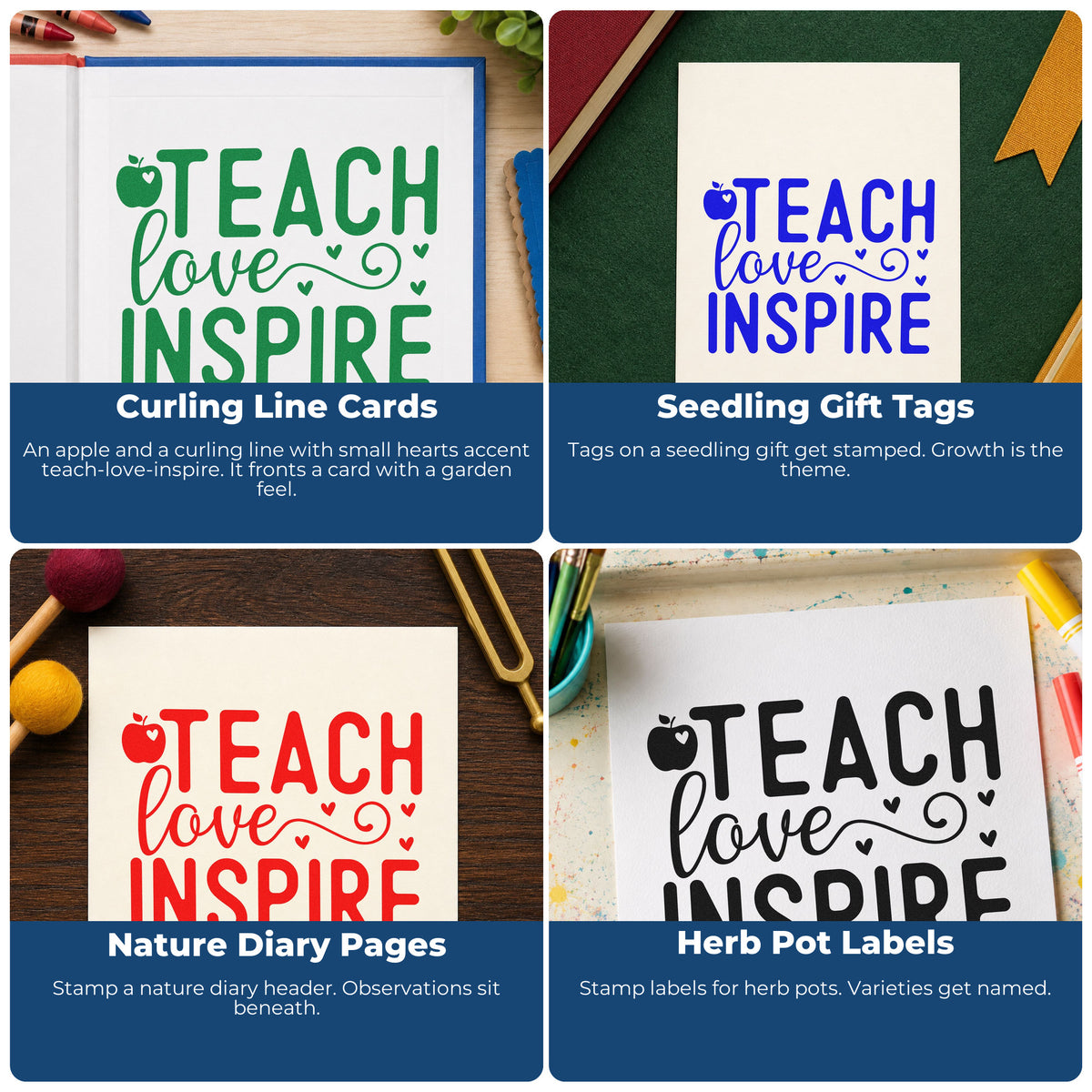 Four ways to use the Teach Love Inspire Apple Hearts Rubber Stamp – Wood Handle: curling line cards, seedling gift tags, nature diary pages and herb pot labels.