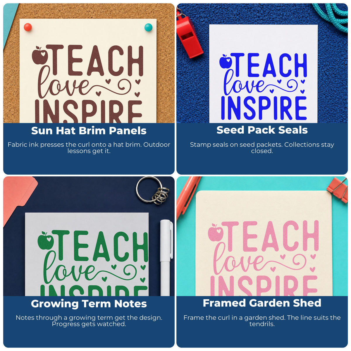 Four ways to use the Self-Inking Teach Love Inspire Apple Hearts Stamp: sun hat brim panels, seed pack seals, growing term notes and framed garden shed.