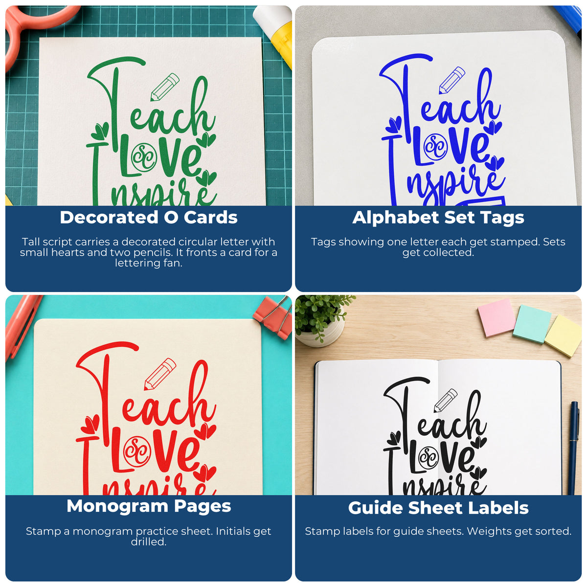 Four ways to use the Two Pencils And Hearts Teach Love Inspire Stamp - Premium Vintage Pro Wooden: decorated o cards, alphabet set tags, monogram pages and guide sheet labels.