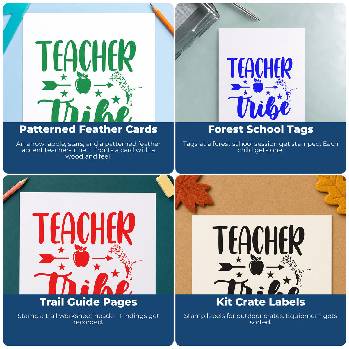 Four ways to use the Teacher Tribe Arrow Apple Wood-Mounted Rubber Stamp: patterned feather cards, forest school tags, trail guide pages and kit crate labels.